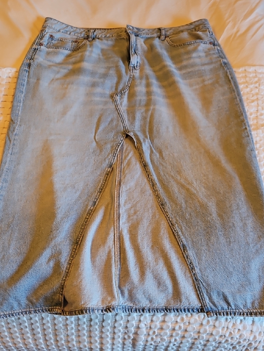 Light Wash Denim Midi Skirt with Front Slit Size 18